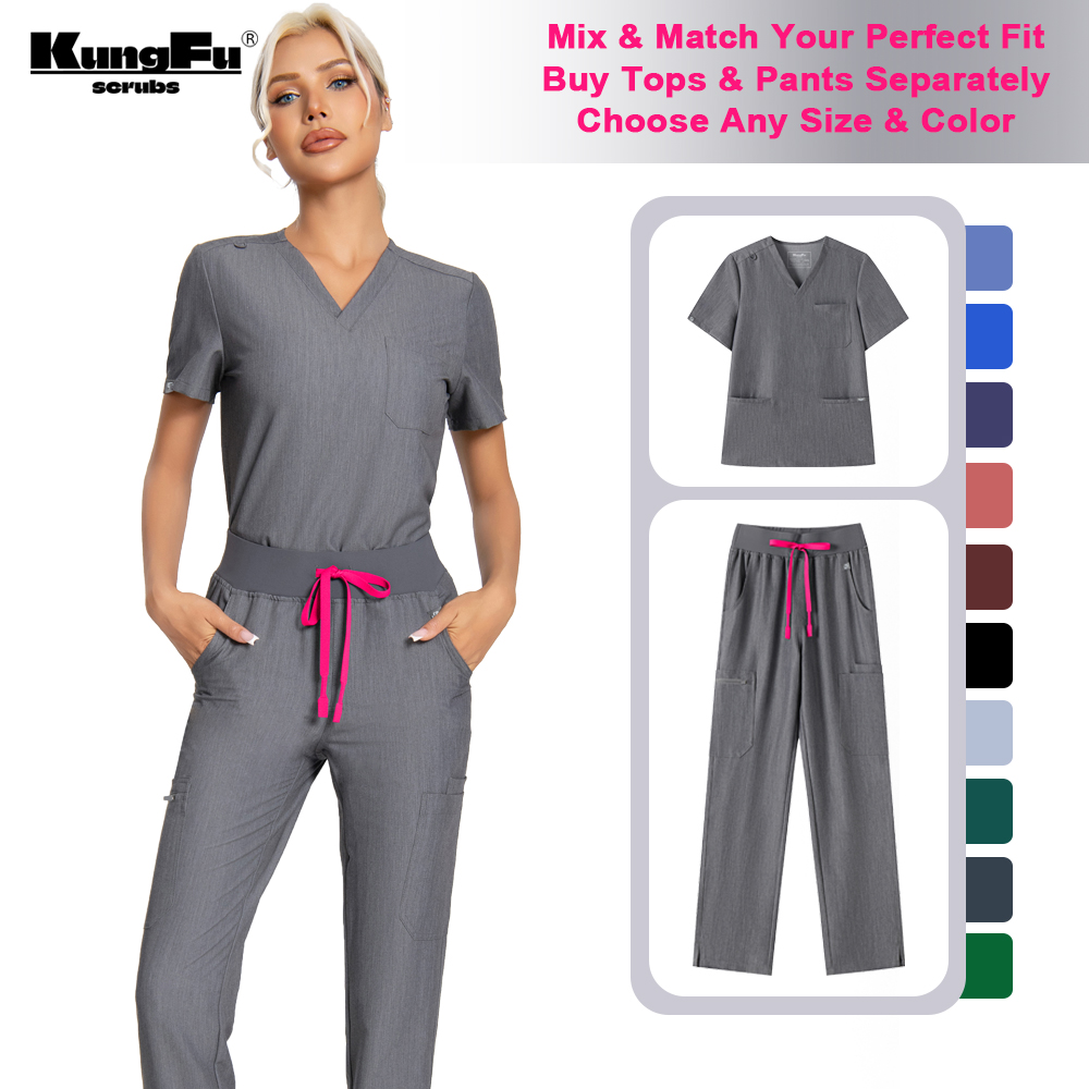 Medical Lab Uniform - カンフースクラブ女性看護師スクラブ医療ユニフォームトップ抗菌ソフトしわになりにくい防水Tシャツペンシルパンツ