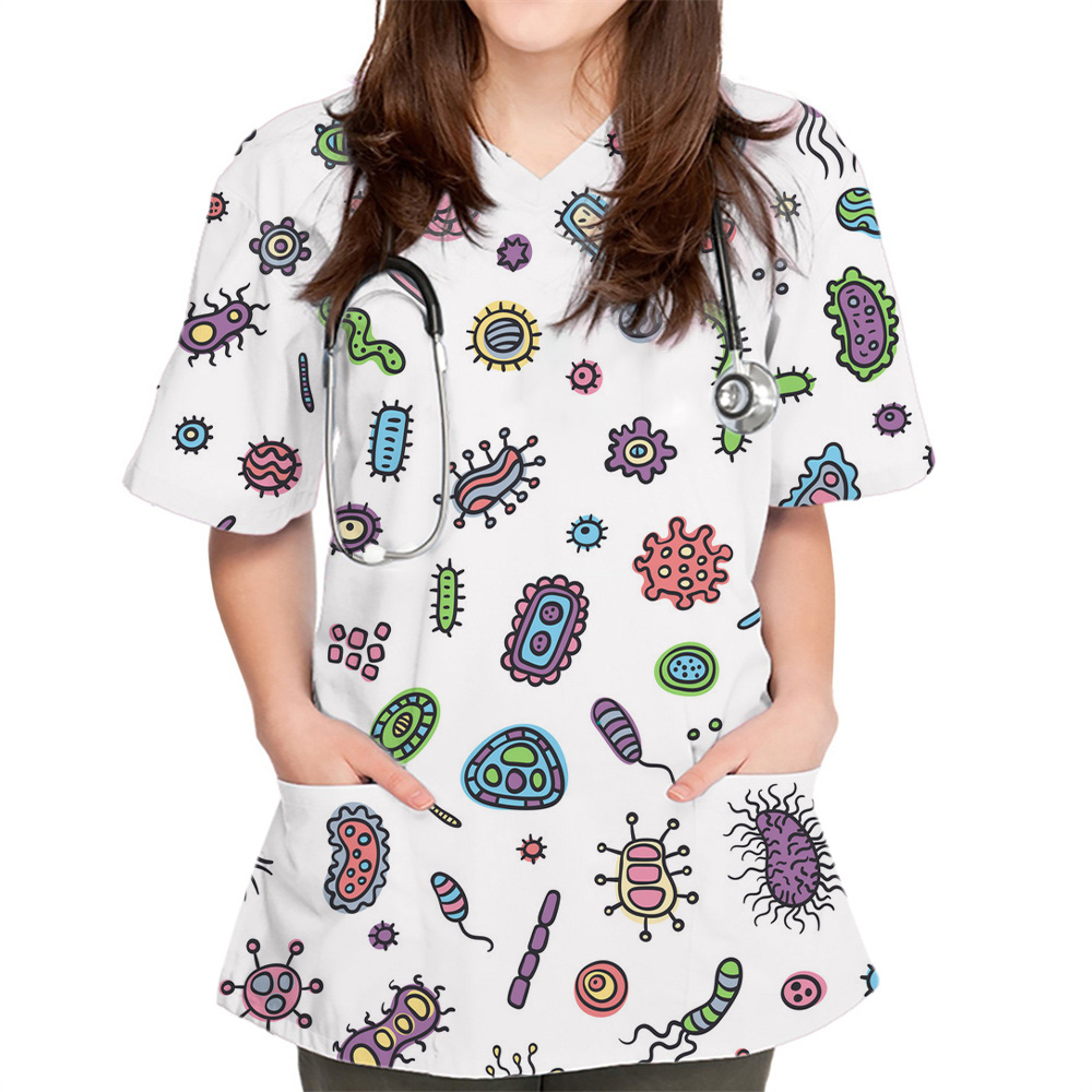 Medical Lab Uniform - 新しい女性トップスバクテリオグラムプリント薬剤師獣医看護師ファッションスリム美容スクラブ服スパ医療ラボ医療制服