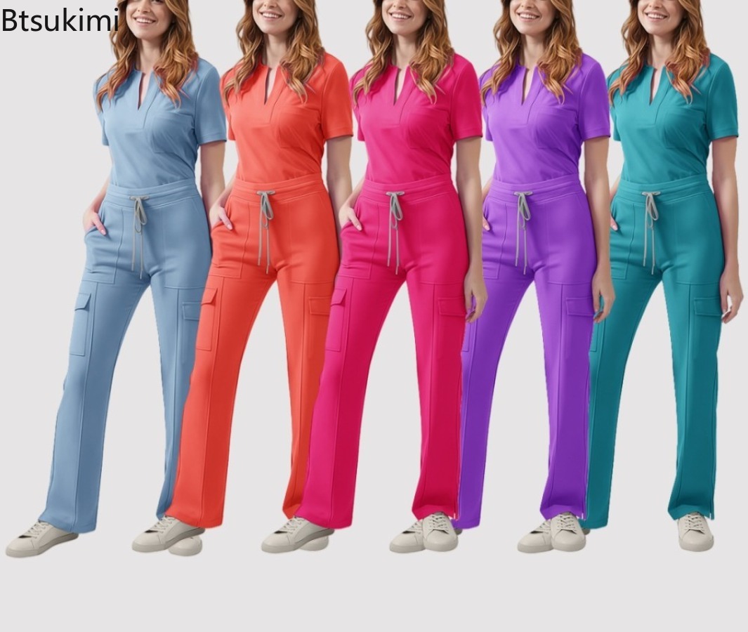 Medical Lab Uniform - 医療スクラブ制服女性ナーススクラブセットポケットトップ + パンツ 2 ピーススーツ看護手術室服美容サロン作業服