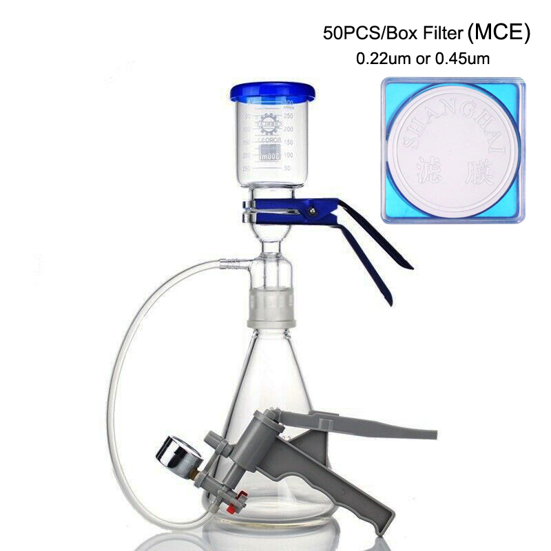 Medical Lab Kit - ラボ用医療ガラス真空ろ過膜ブフナー詰め替え式ボトル漏斗フラスコ装置キット（手動ポンプ、MCEフィルターC2付き）